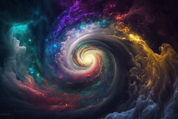 Colorful Swirling rainbow Galaxy art. Spiral abstraction, dream, chaos, creative imagination concept. Detailed painting. Made with Generative AI