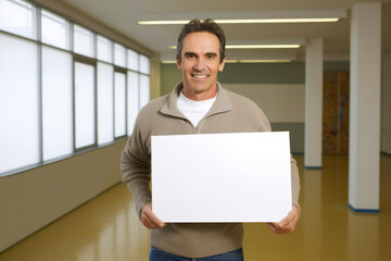 Portrait of smiling man holding blank sheet of paper in corridor of museum
