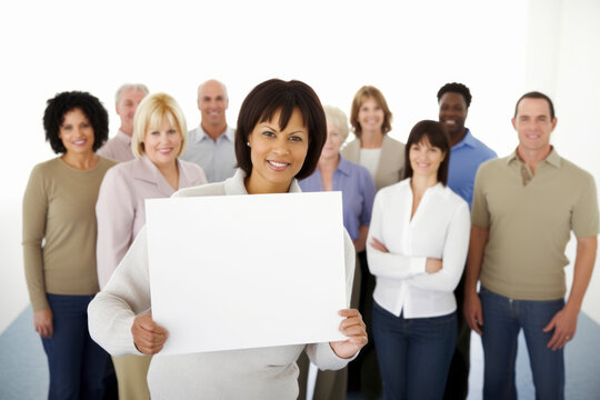 Smiling businesswoman holding a blank sheet of paper in front of her team