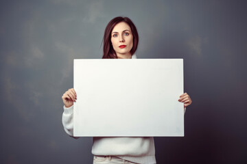 Fototapeta premium Young woman in white sweater holding a blank poster on a gray background