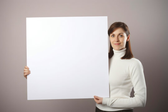 Young woman holding a blank white sheet of paper on a gray background