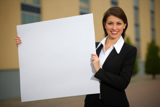 Young businesswoman holding a white sheet of paper in front of her