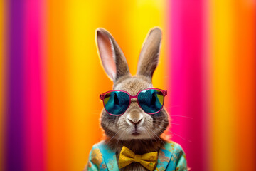Generative AI. Cool bunny with sunglasses on colorful background