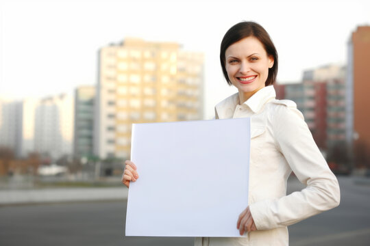 Young businesswoman with blank sheet of paper on city street, outdoors