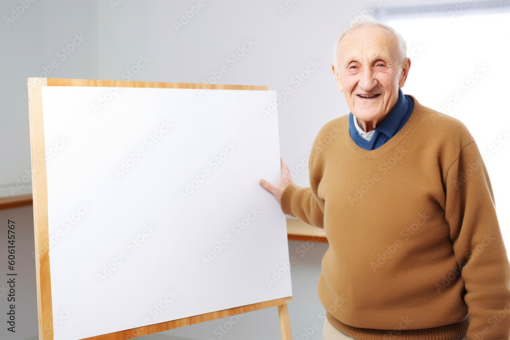 Wall mural Portrait of happy senior man with blank board in his hands at home