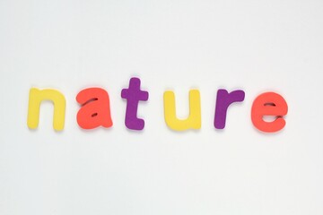 Colored letters Nature on white background. World Earth Day concept. Ecology green planet card. Environmental conversation and protection. Social banner, poster