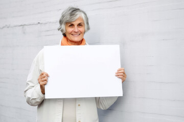 Portrait of happy senior woman holding a blank sign with copy space