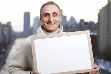 Portrait of a smiling man holding a blank board in the city