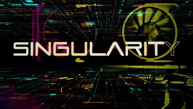 Singularity Text / Type Animation set against a futuristic digital world of moving big data transfers.
