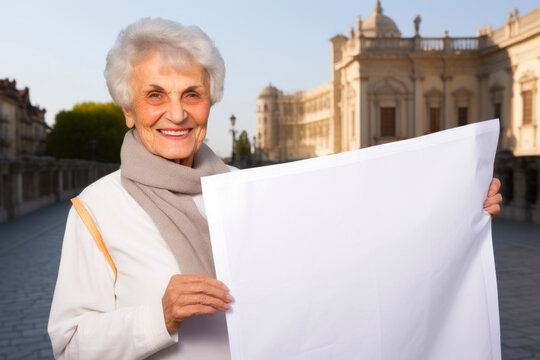 Portrait of happy senior woman with white sheet of paper in the city