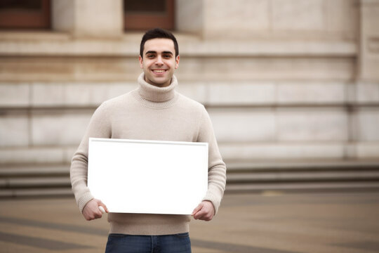 Young man holding a blank whiteboard in front of the university building