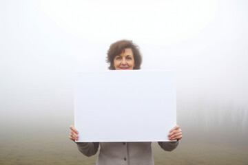 Portrait of a senior woman holding a blank white sheet of paper in the fog