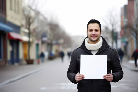 Portrait of a young man holding a blank sheet of paper in the city
