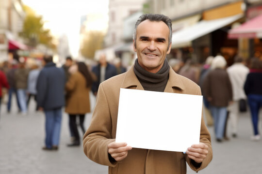 Handsome middle-aged man holding a white sheet of paper on the street