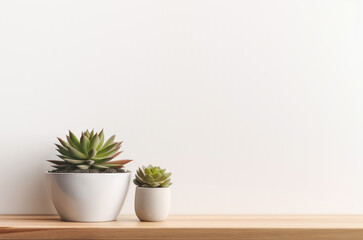 Succulent plant in white pot on shelf against white wall with copy space. Generative AI.