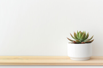 Succulent plant in white pot on shelf against white wall with copy space. Generative AI.