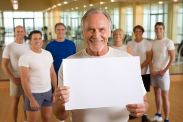 Portrait of smiling senior man holding blank sheet of paper in fitness studio