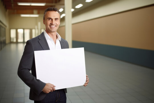 Portrait of a smiling businessman holding a blank sheet of paper in a corridor