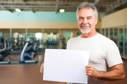 Portrait of a happy senior man holding a blank paper in gym