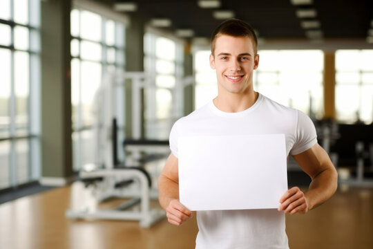 Handsome young man holding blank sheet of paper in fitness studio