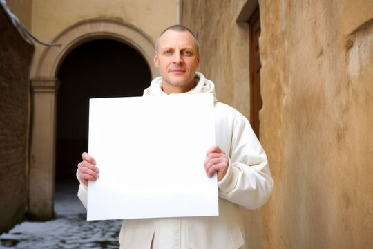 Portrait of man holding blank white sheet of paper in the street