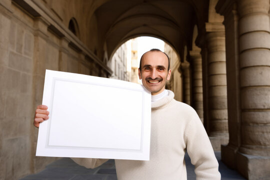 Portrait of a happy young man holding a white frame in the city