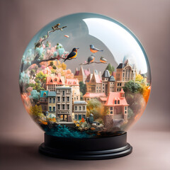 "Enchanting cityscape encapsulated within a glass ball, where vibrant birds take flight, revealing a mesmerizing world."