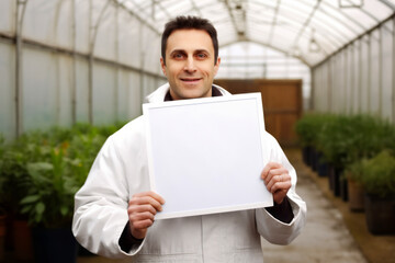 Portrait of a male florist holding a white board in a greenhouse