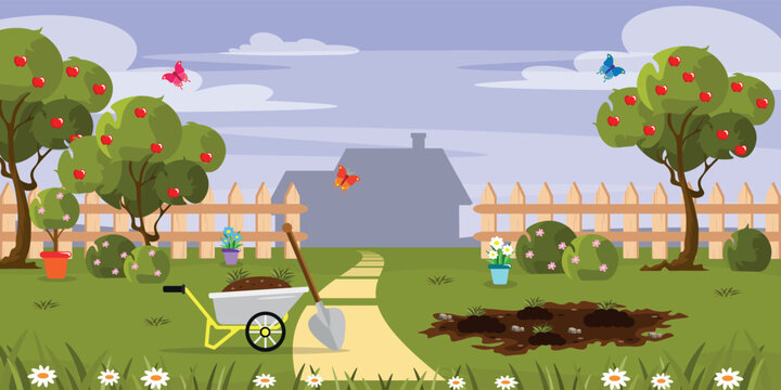 Vector illustration of a beautiful garden landscape. Cartoon scene of a summer landscape with a garden, a garden wheelbarrow, a shovel, beds with seedlings, apple trees, bushes, butterflies, a house.