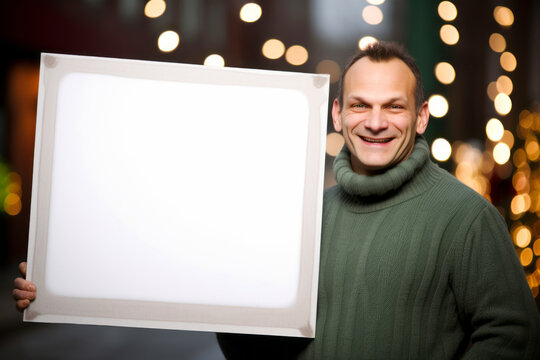 Man holding a whiteboard in his hands and smiling at the camera