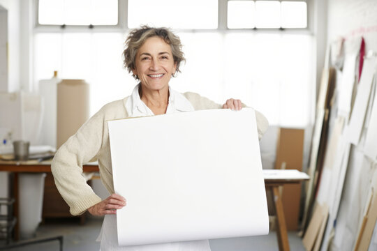 Portrait of happy mature woman holding blank sheet of paper in art studio