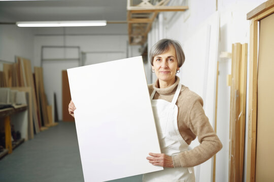 Portrait of mature woman holding blank sheet of paper in art studio