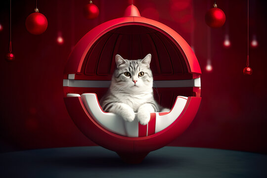 Cute Cat on Cat House Christmas balls. Christmas Eve. Christmas surprises. Products for cats. Generative AI