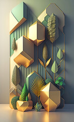 Luxurious green and gold decorative 3d wall design made from geometric shapes, flowers and tropical leaves. Generative AI illustration.