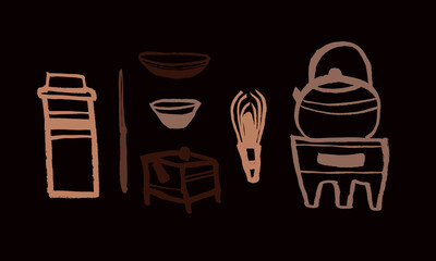 Vector set of tea ceremony utensils. Japanese style. Teapot, cup, matcha. Calligraphy, ink, brush, hand drawing, sketch, doodle. Brown, beige on a dark background. Eps10