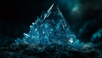 Transparent quartz crystal levitates on dark background generated by AI