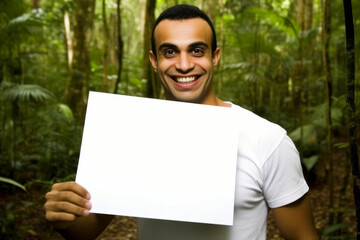 Young man holding a blank white sheet of paper in the forest.