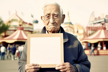 Group portrait photography of a tender elderly 100 years old man holding an empty white blank sign poster wearing a cozy sweater against an amusement park or theme park background