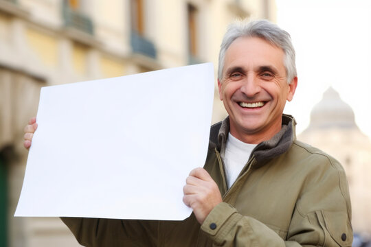 Portrait of smiling senior man holding blank sheet of paper in city
