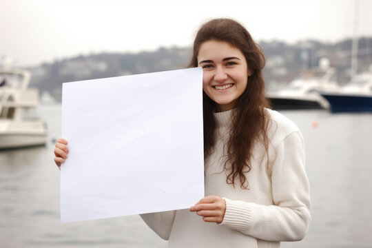 Young woman holding a blank sheet of paper on the background of yachts