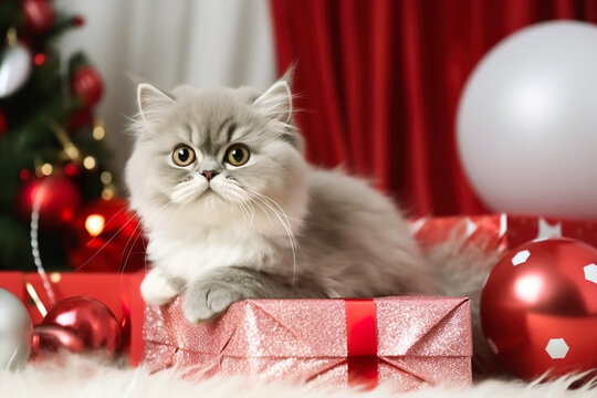 Cute Cat in Hat of Santa Claus, Gift boxes. Christmas Eve. Christmas surprises. Generative AI