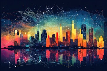 Neural Network City Landscape. Illustration of a cityscape with buildings where outlines and windows are filled with interconnected lines representing neural pathways. AI