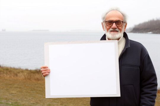 Portrait Of A Senior Man Holding A White Board On The Beach