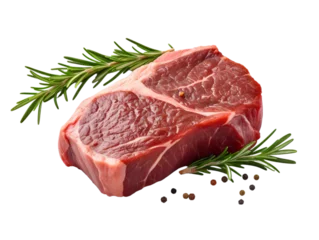 Poster Raw steak and rosemary on transparent background,PNG, generated AI. © slawomir366