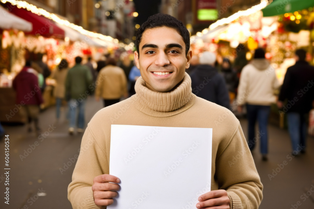 Sticker Portrait of a happy young man holding blank sheet of paper at Christmas market