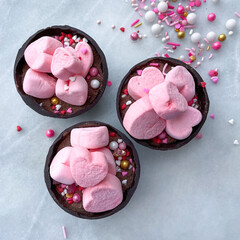 Obraz na płótnie Canvas Chocolate Cocoa Bombs with Heart-shapped Marshmallows