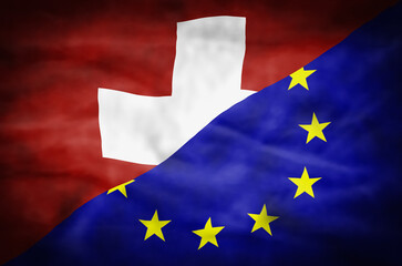Switzerland and European Union mixed flag. Wavy flag of Switzerland and European Union fills the frame. - 606150786