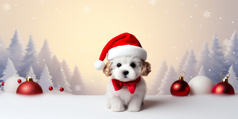 Happy Puppy Dog in Christmas Santa hat on winter background.