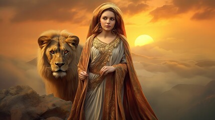 queen or princes with big lion, generative ai