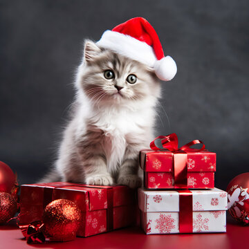 Cute Cat in Hat of Santa Claus, Gift boxes. Christmas Eve. Christmas surprises. Generative AI